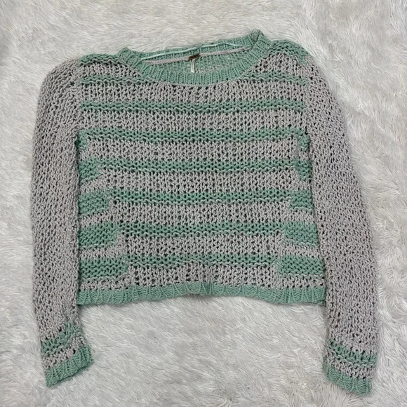 FREE PEOPLE Provence Stripe Open Knit Silk Blend Pullover Sweater Cloud Combo - Picture 3 of 5